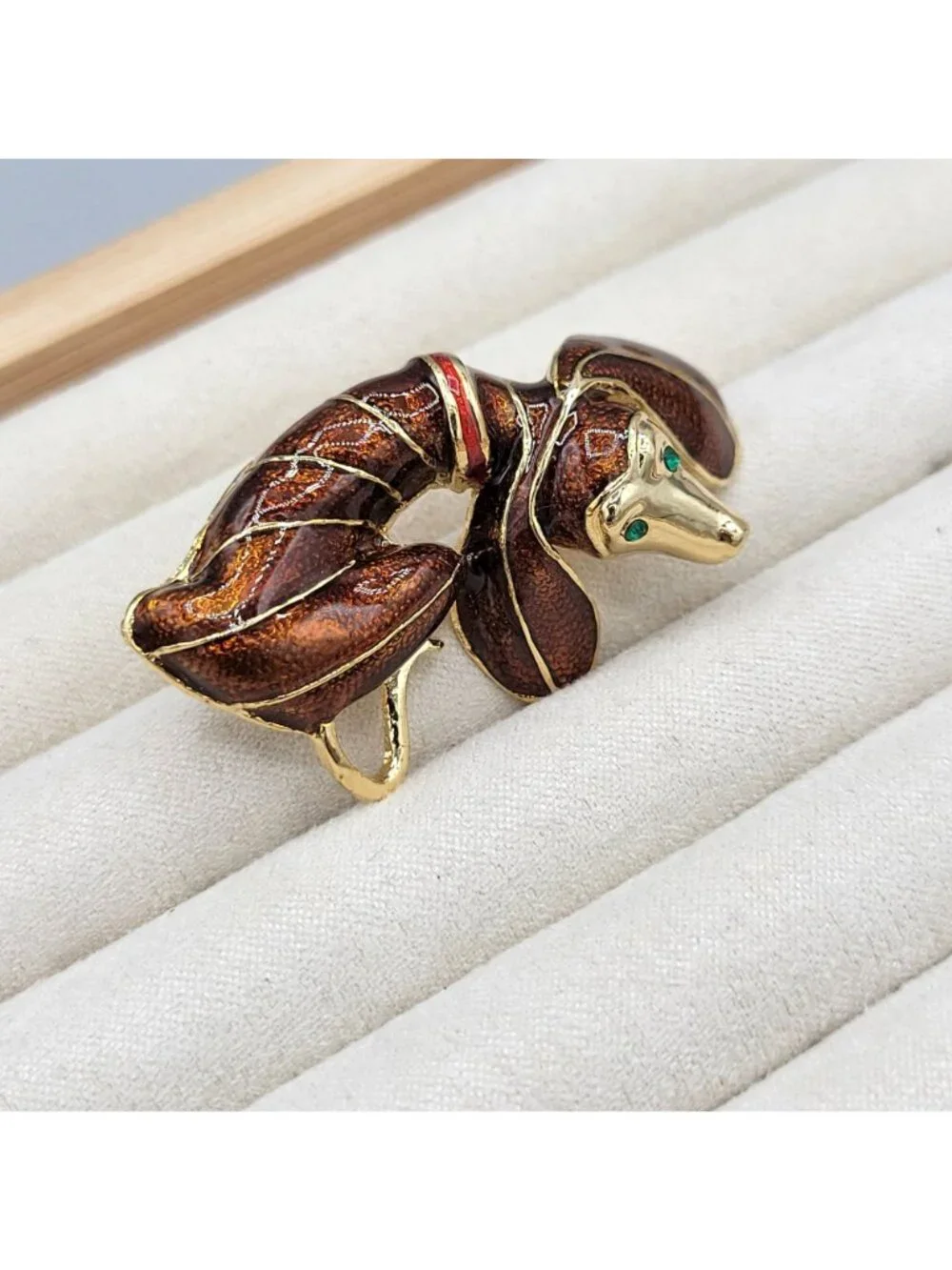 Gold Tone Enamel Coated Dachshund Dog Puppy Brooch Green Rhinestone Eyes